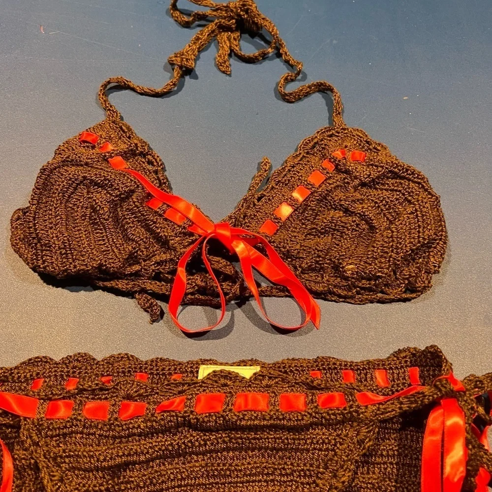 Anna Kosturova Y2K Brown Crochet Pink Ribbon Bikini Boho Hippie Beach - Picture 3 of 12
